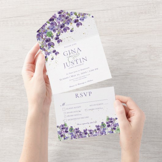 Rustic Purple Violets Gold Sparkle Dinner Wedding All In One Uitnodiging (Afscheurbaar)