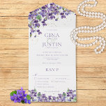 Rustic Purple Violets Gold Sparkle Dinner Wedding All In One Uitnodiging<br><div class="desc">OOK VERKRIJGBAAR MET EEN QR CODE OM TE SCANNEN. Nodig uw gasten uit voor een feest, badend in etherische elegantie. Onze waterverf bruiloft uitnodiging beschikt over een cluster van delicate viooltjes, handgeschilderd in de zachtste schaduw van violet, versieren de bovenhoek. Een vleugje etherische magie wordt toegevoegd met een bestrooiing van...</div>