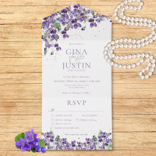 Rustic Purple Violets Gold Sparkle Dinner Wedding All In One Uitnodiging