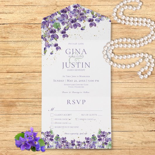 Rustic Purple Violets Gold Sparkle Dinner Wedding All In One Uitnodiging
