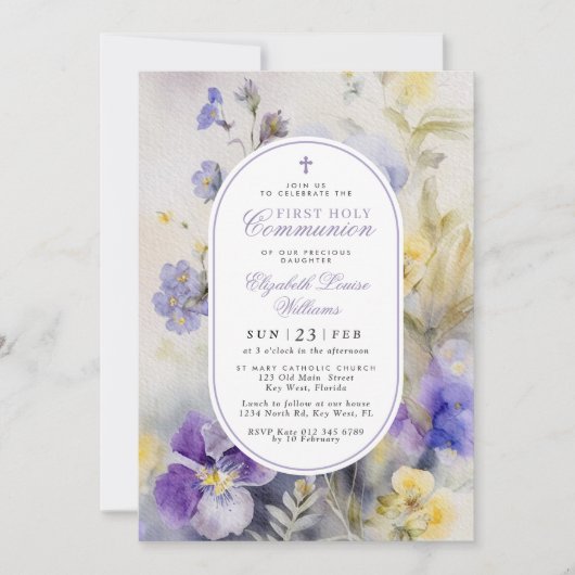 Rustic Purple & Yellow First Holy Communion Kaart (Voorkant)