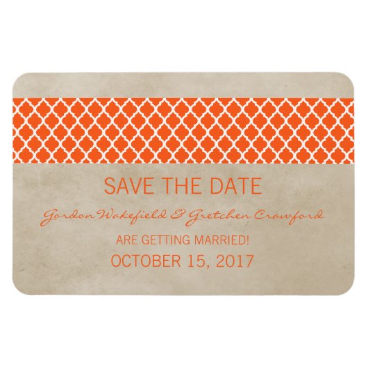 Rustic Quatrefoil Save the Date Magnet, Oranje Magneet (Horizontaal)