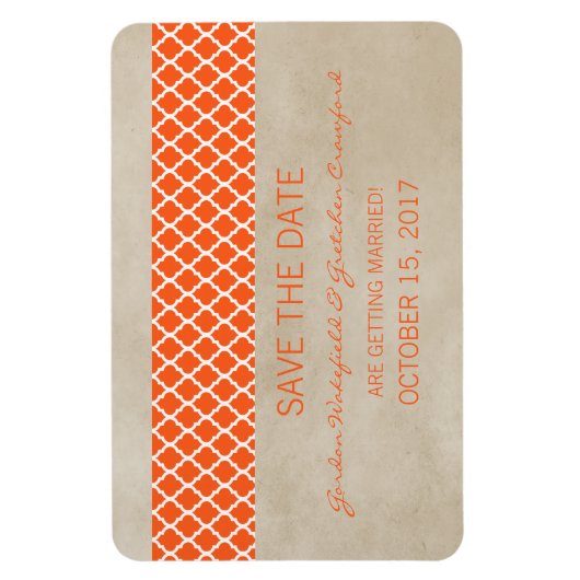 Rustic Quatrefoil Save the Date Magnet, Oranje Magneet (Verticaal)