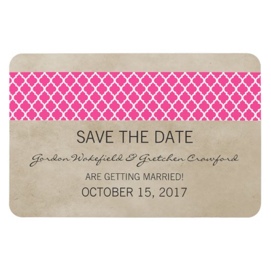 Rustic Quatrefoil Save the Date Magnet, Roze Magneet (Horizontaal)