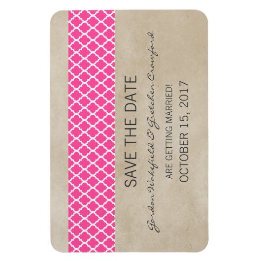 Rustic Quatrefoil Save the Date Magnet, Roze Magneet (Verticaal)