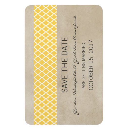 Rustic Quatrefoil Save the Date Magnet, Yellow Magneet (Verticaal)