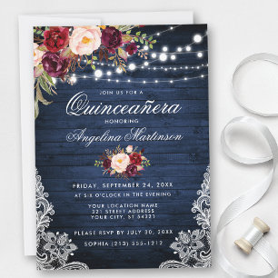 Rustic Quinceanera Blue Wood Burgundy Floral Kaart