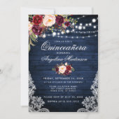 Rustic Quinceanera Blue Wood Burgundy Floral Kaart (Voorkant)