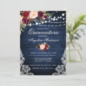 Rustic Quinceanera Blue Wood Burgundy Floral Kaart (Staand voorkant)