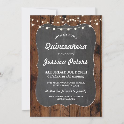 Rustic Quinceanera Party Chalk Wood Lichten uitnod Kaart (Voorkant)