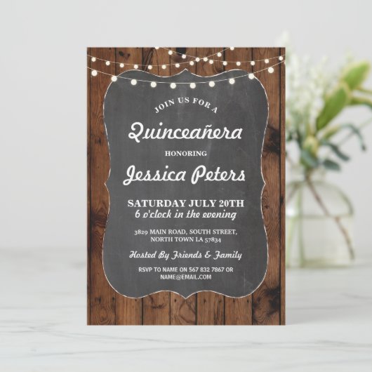 Rustic Quinceanera Party Chalk Wood Lichten uitnod Kaart (Staand voorkant)