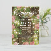 Rustic Quinceañera Pink Floral String Lights Kaart (Staand voorkant)