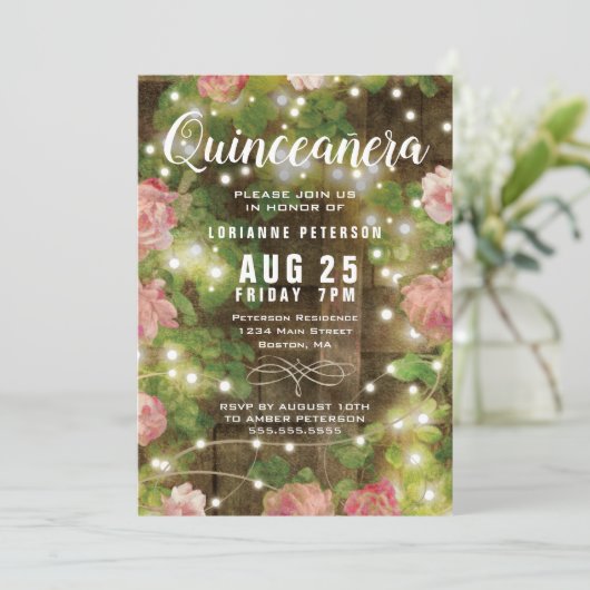 Rustic Quinceañera Pink Floral String Lights Kaart (Staand voorkant)