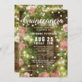 Rustic Quinceañera Pink Floral String Lights Kaart (Voorkant / Achterkant)