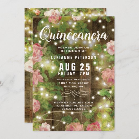 Rustic Quinceañera Pink Floral String Lights Kaart (Voorkant / Achterkant)