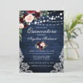 Rustic Quinceanera Wood Burgundy Blue Floral Kaart (Staand voorkant)