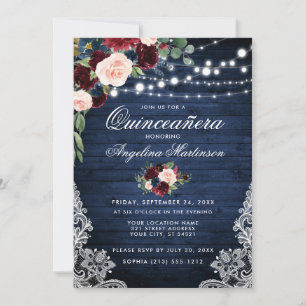 Rustic Quinceanera Wood Burgundy Blue Floral Kaart