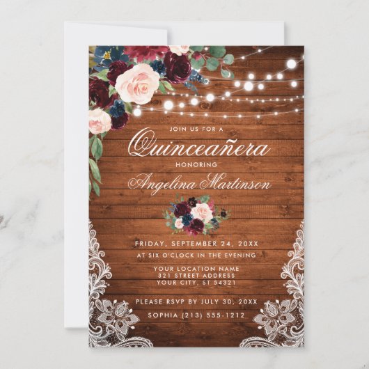 Rustic Quinceanera Wood Burgundy Blue Floral Kaart (Voorkant)