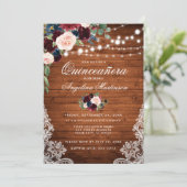 Rustic Quinceanera Wood Burgundy Blue Floral Kaart (Staand voorkant)
