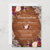 Rustic Quinceanera Wood Lace Burgundy Floral Kaart (Voorkant)