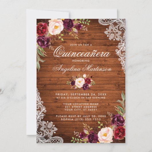 Rustic Quinceanera Wood Lace Burgundy Floral Kaart (Voorkant)
