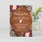 Rustic Quinceanera Wood Lace Burgundy Floral Kaart (Staand voorkant)