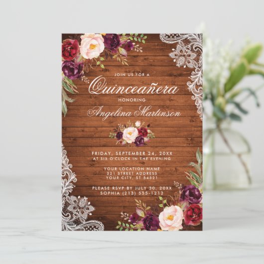Rustic Quinceanera Wood Lace Burgundy Floral Kaart (Staand voorkant)