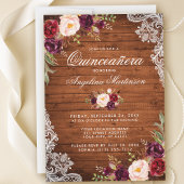 Rustic Quinceanera Wood Lace Burgundy Floral Kaart