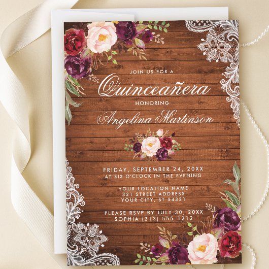 Rustic Quinceanera Wood Lace Burgundy Floral Kaart