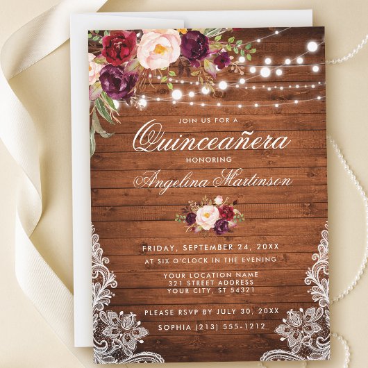 Rustic Quinceanera Wood Licht Floral Kaart