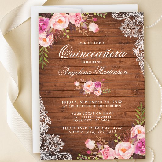 Rustic Quinceanera Wood Pink Floral Kaart