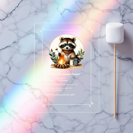 Rustic Raccoon "One Happy Camper" 1e verjaardag Acryl Uitnodigingen