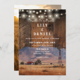 Rustic Ranch Barn Wood String Lights Photo Wedding Kaart