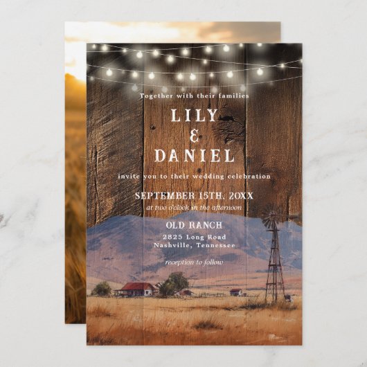 Rustic Ranch Barn Wood String Lights Photo Wedding Kaart (Voorkant / Achterkant)
