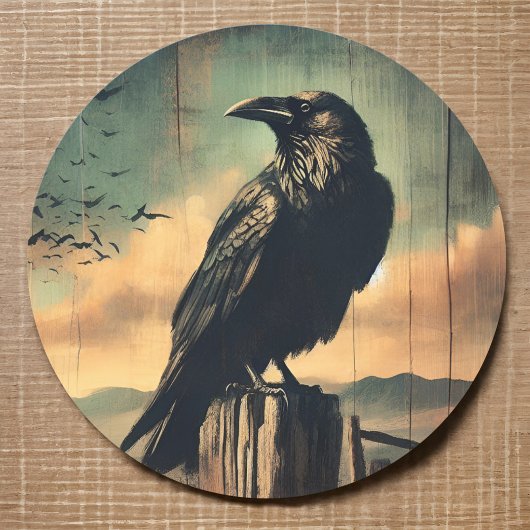 Rustic Raven Ghost Town Desert Sunset Western Bird Ronde Sticker
