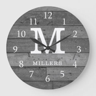 Rustic Reclam Geheel hout Naam Monogram Gray Grote Klok