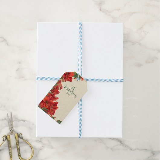 Rustic Red Amaryllis Christmas Cadeaulabel (Met Touw)