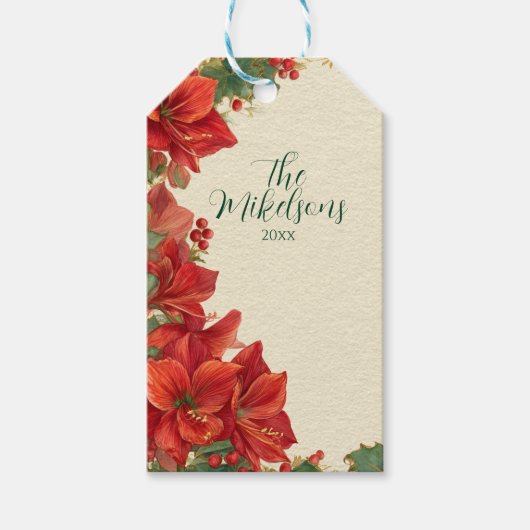 Rustic Red Amaryllis Christmas Cadeaulabel (Voorkant)