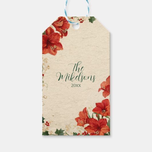 Rustic Red Amaryllis Christmas Cadeaulabel (Voorkant)