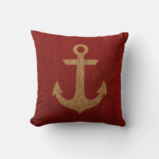 Rustic Red Anchor op Burlap look Kussen (Voorkant)