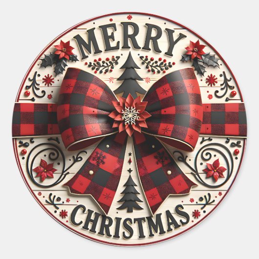 Rustic Red and Black Plaid Bow Christmas Holiday  Ronde Sticker (Voorkant)