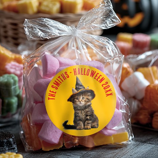 Rustic Red And Orange Kitten Witch Halloween Ronde Sticker