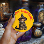Rustic Red And Orange Kitten Witch Halloween Ronde Sticker
