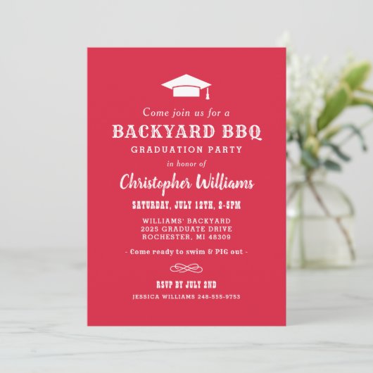 Rustic Red Backyard BBQ Graduation Party Kaart (Staand voorkant)