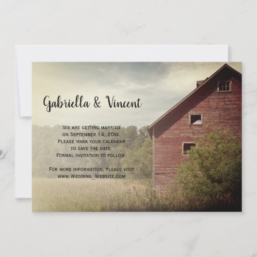 Rustic Red Barn Country Wedding Save the Date Kaart (Voorkant)