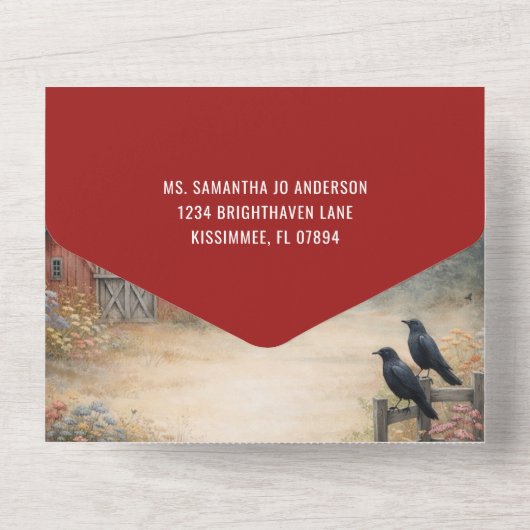 Rustic Red Barn, Crows, Farmstead Rural Wedding | All In One Uitnodiging (Achterkant)