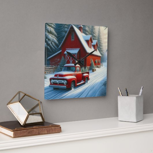 Rustic Red Barn en Truck Vierkante Klok (Kantoor)