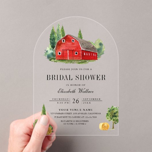 Rustic Red Barn Rural Farm Bridal Shower Acryl Uitnodigingen (Insitu (Draagbaar))