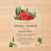Rustic Red Barn Rural Farm Bridal Shower Acryl Uitnodigingen (Voorkant)