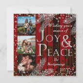 Rustic Red Barn Snow Pine Joy and Peace Holiday Feestdagenkaart (Voorkant)